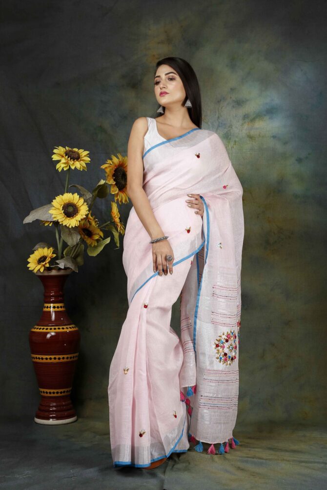 Baby Pink Floral Embroidery Linen Saree