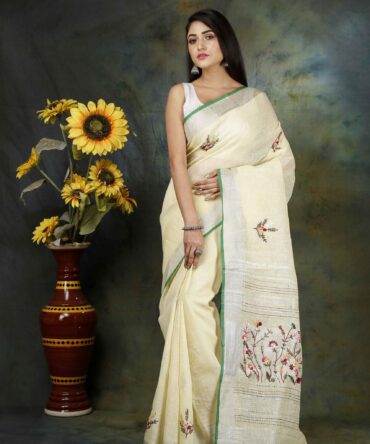 Beige Floral Embroidery Linen Saree