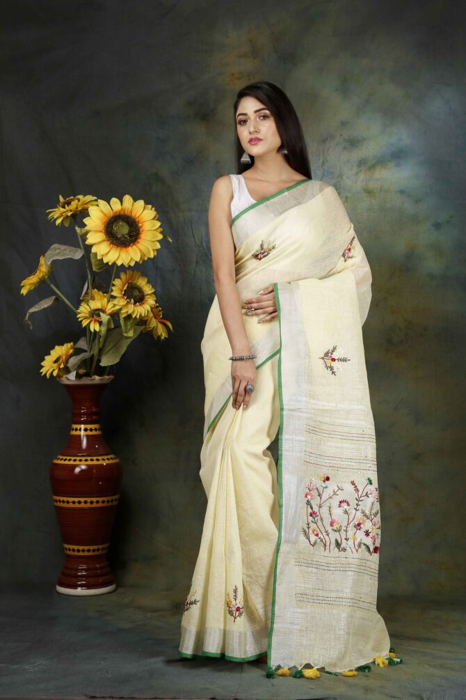 Beige Floral Embroidery Linen Saree