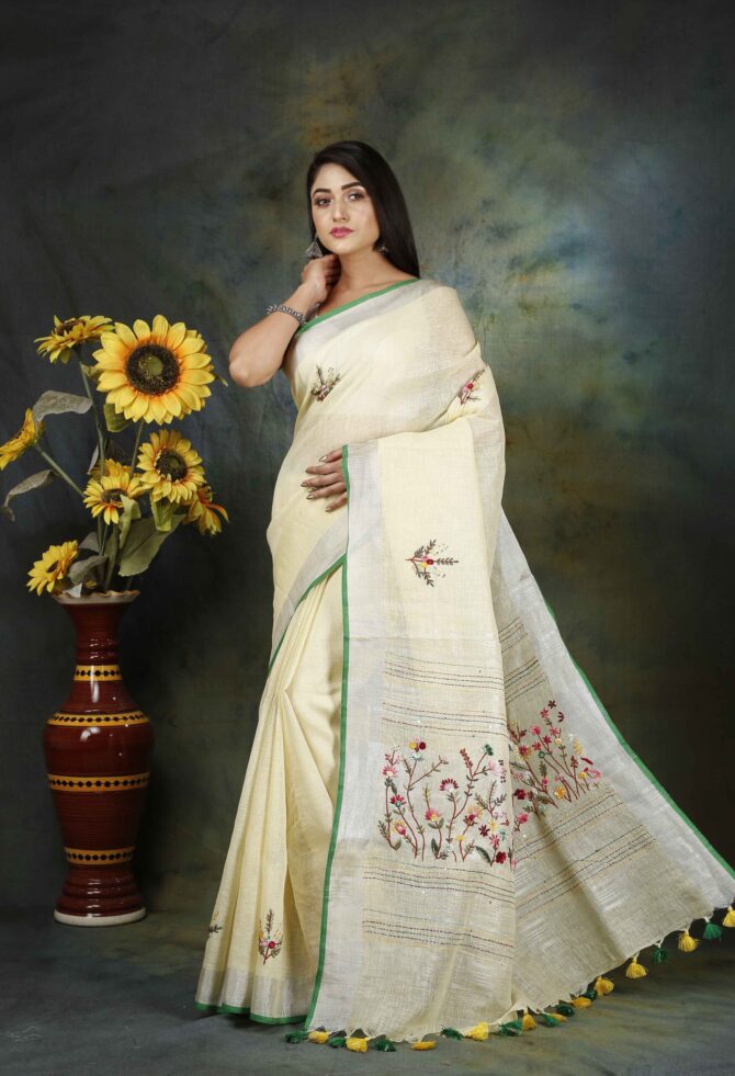 Beige Floral Embroidery Linen Saree