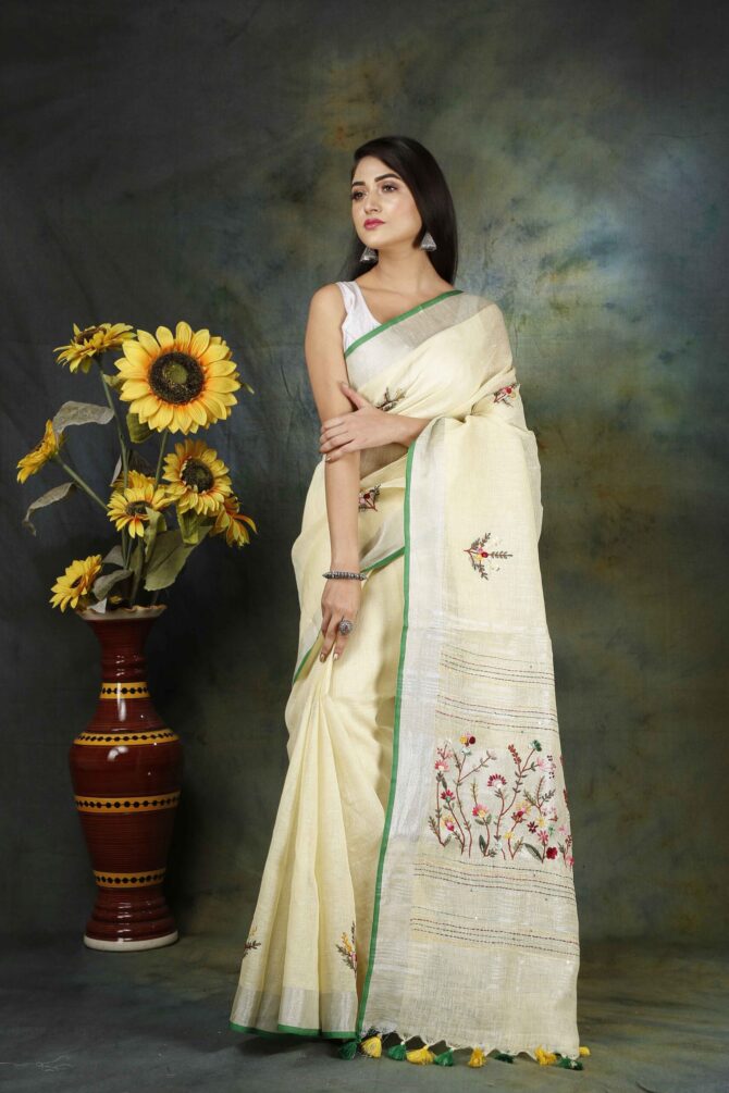 Beige Floral Embroidery Linen Saree