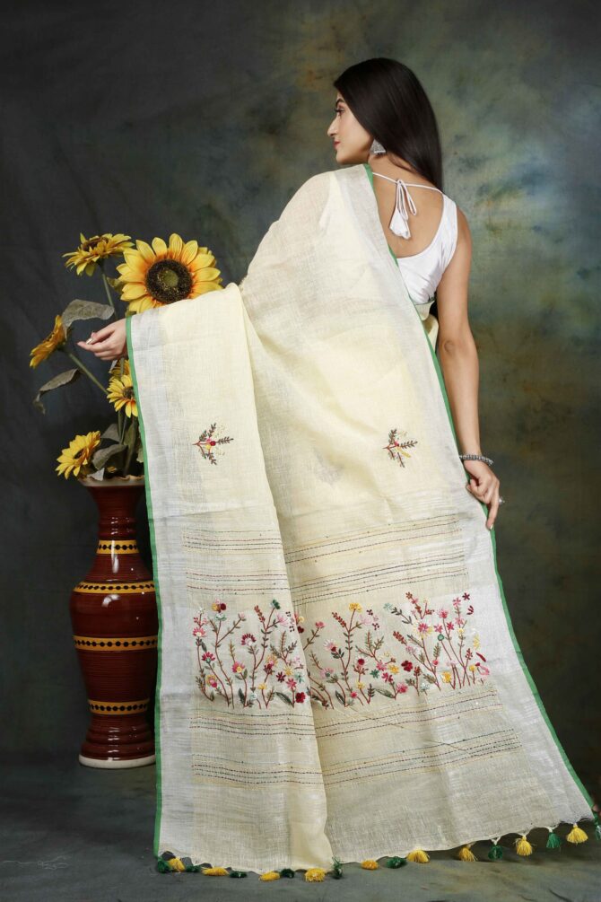 Beige Floral Embroidery Linen Saree