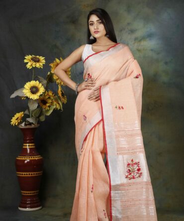 Peach Floral Embroidery Linen Saree