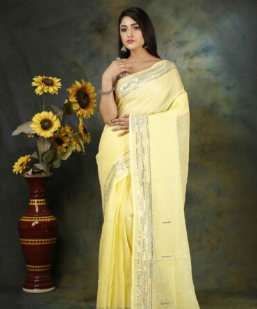 Light Yellow Sequence Embroidery Linen Plain Saree