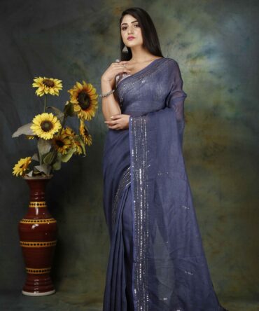 Delft Blue Sequence Embroidery Linen Plain Saree