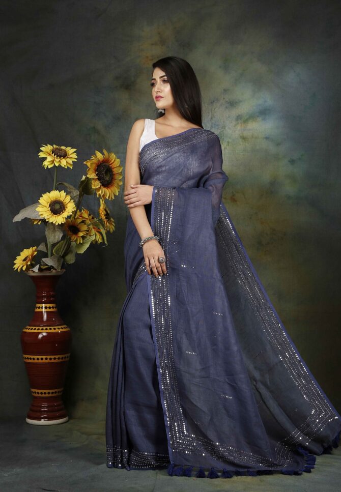 Space Cadet Blue Floral Embroidery Linen Saree