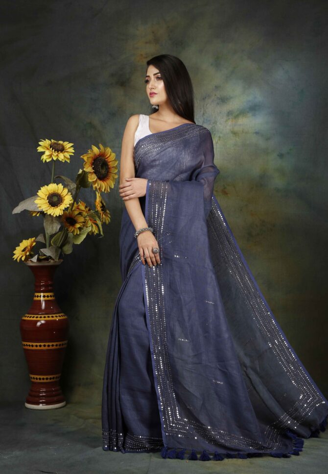 Delft Blue Sequence Embroidery Linen Plain Saree