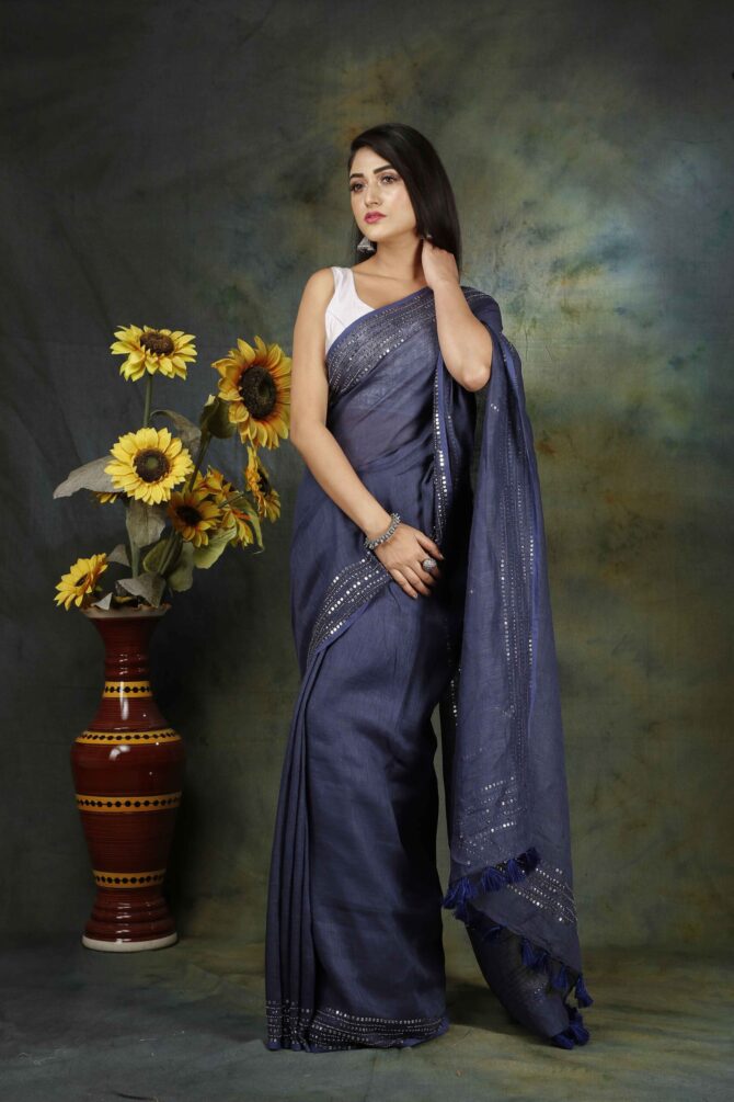 Delft Blue Sequence Embroidery Linen Plain Saree
