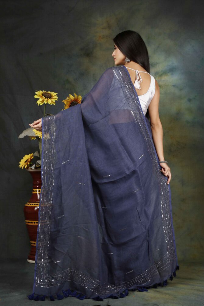 Delft Blue Sequence Embroidery Linen Plain Saree