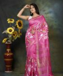 Flamingo Pink Floral Embroidery Silk Linen Saree