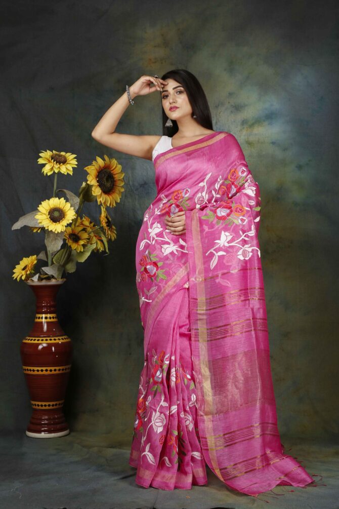 Flamingo Pink Floral Embroidery Silk Linen Saree