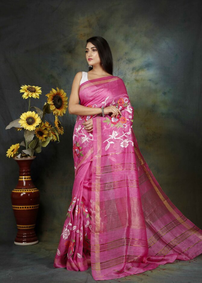Flamingo Pink Floral Embroidery Silk Linen Saree