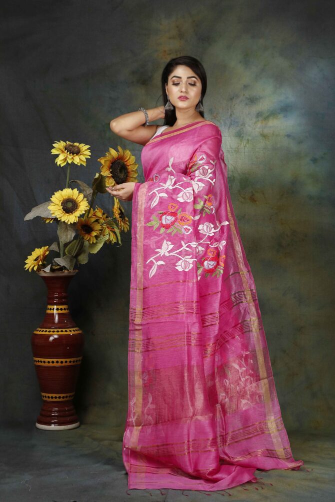 Flamingo Pink Floral Embroidery Silk Linen Saree