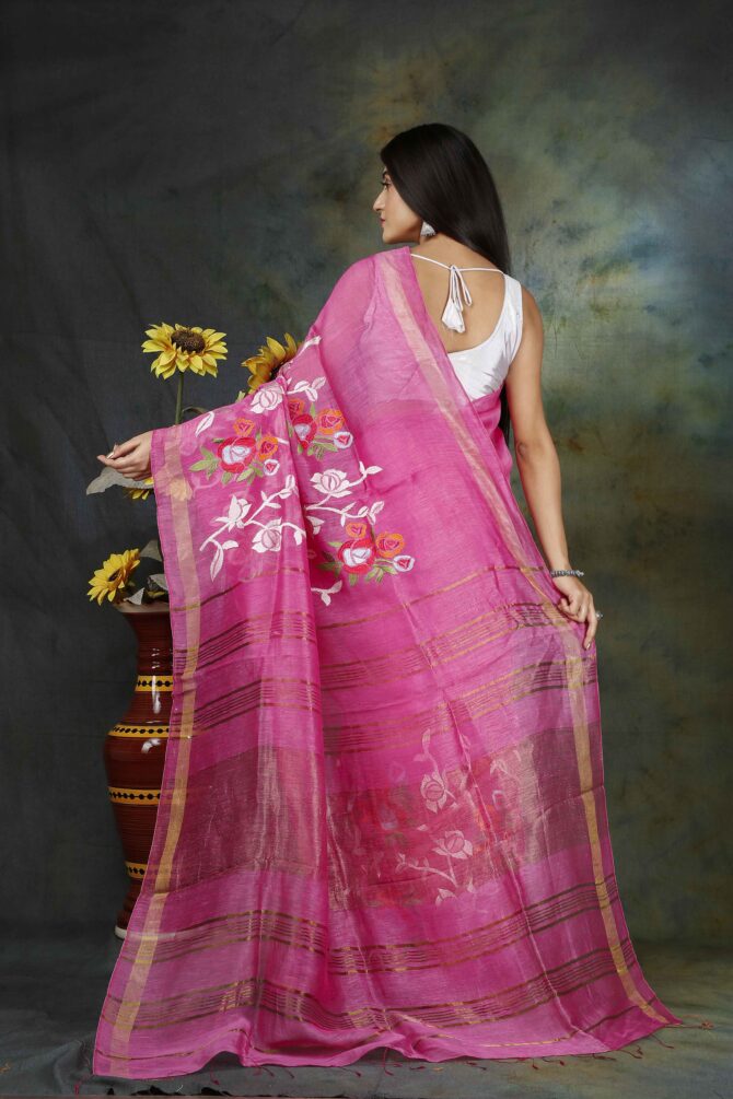 Flamingo Pink Floral Embroidery Silk Linen Saree