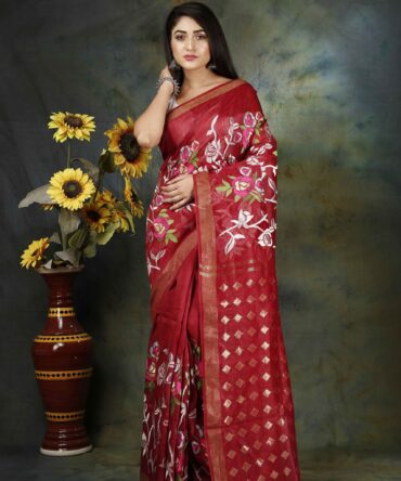 Fire Brick Red Floral Embroidery Silk Linen Saree