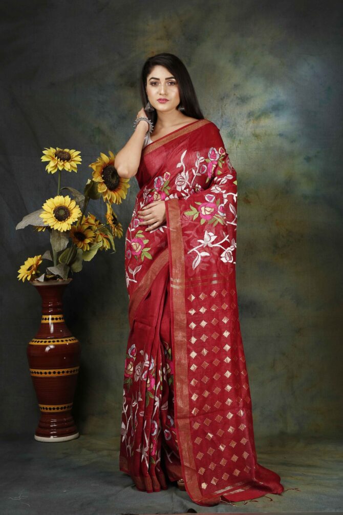 Fire Brick Red Floral Embroidery Silk Linen Saree