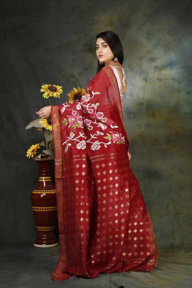 Fire Brick Red Floral Embroidery Silk Linen Saree