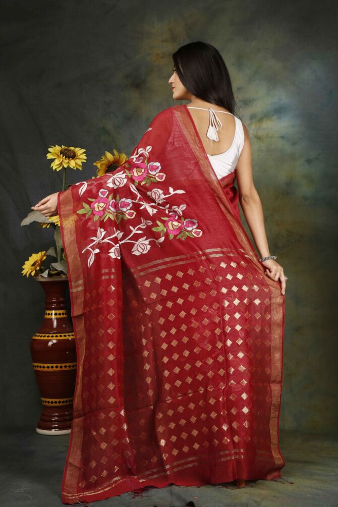 Fire Brick Red Floral Embroidery Silk Linen Saree