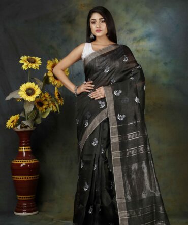 Black Floral Embroidery Linen Saree