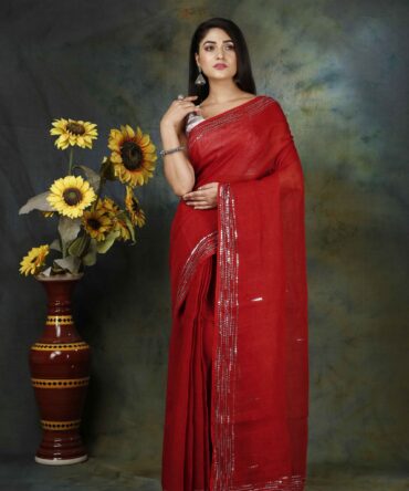Crimson Red Sequence Embroidery Linen Plain Saree