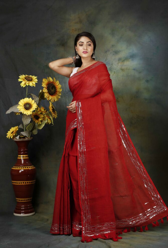 Crimson Red Sequence Embroidery Linen Plain Saree