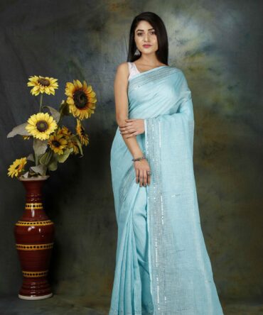 Celeste Blue Sequence Embroidery Linen Plain Saree