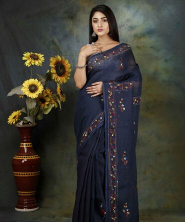 Space Cadet Blue Floral Embroidery Linen Saree