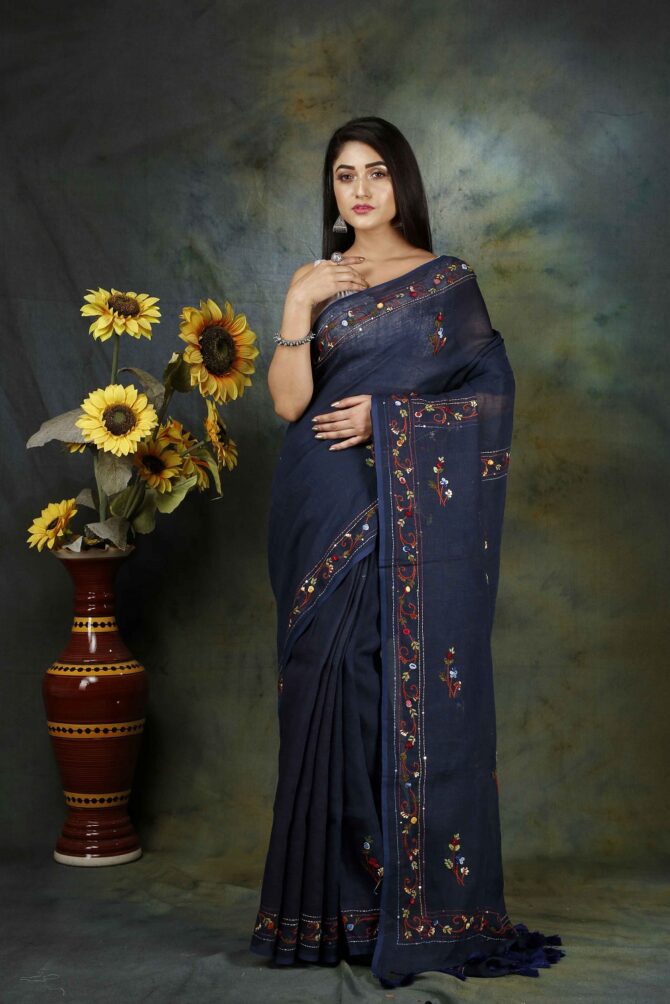 Space Cadet Blue Floral Embroidery Linen Saree