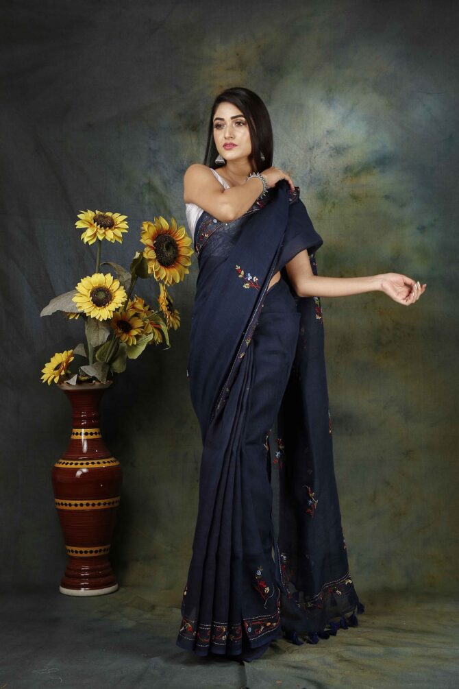 Space Cadet Blue Floral Embroidery Linen Saree