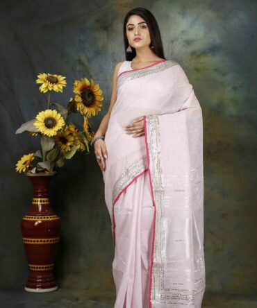 Lemonade Pink Sequence Embroidery Linen Plain Saree