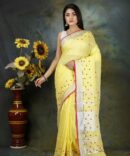 Lemonade Yellow Embroidery and Moti Linen Plain Saree