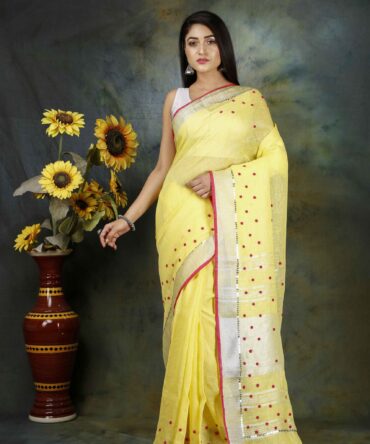 Lemonade Yellow Embroidery and Moti Linen Plain Saree
