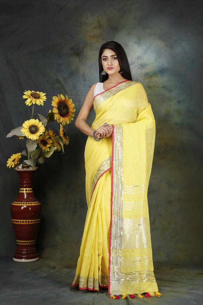 Lemonade Yellow Embroidery and Moti Linen Plain Saree