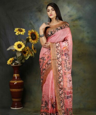 Pink Raja Maharaja Kalamkari Linen Digital Print Saree