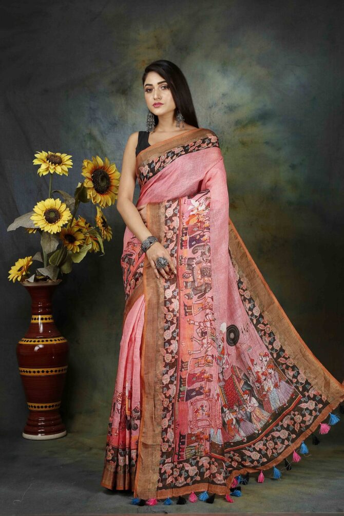 Pink Raja Maharaja Kalamkari Linen Digital Print Saree