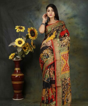 Multicolour Kalamkari Linen Digital Print Saree
