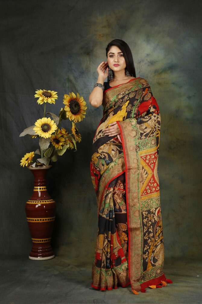 Multicolour Kalamkari Linen Digital Print Saree