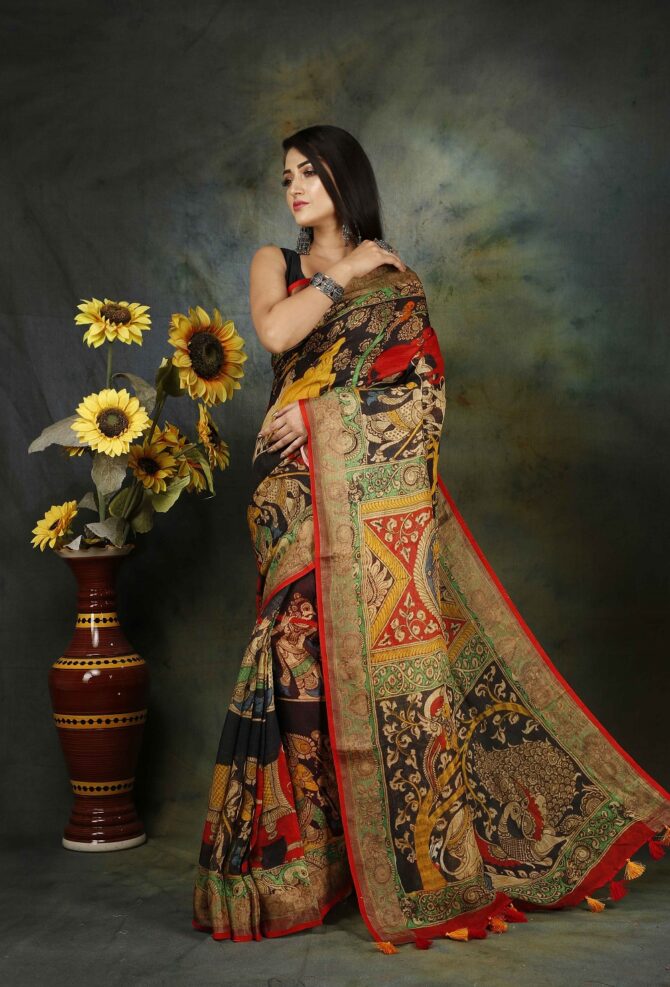 Multicolour Kalamkari Linen Digital Print Saree