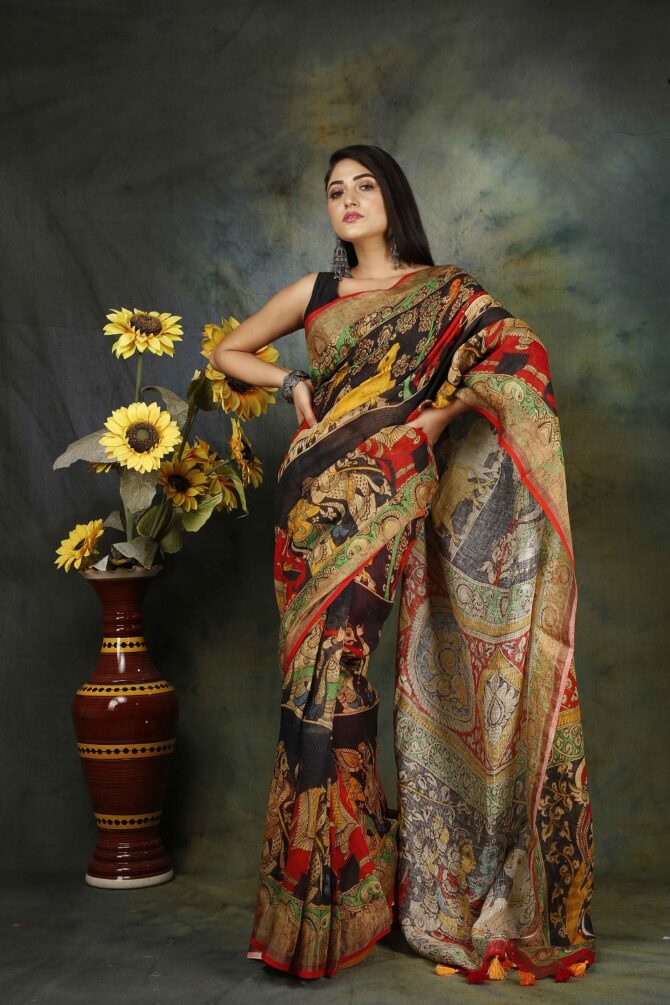 Multicolour Kalamkari Linen Digital Print Saree