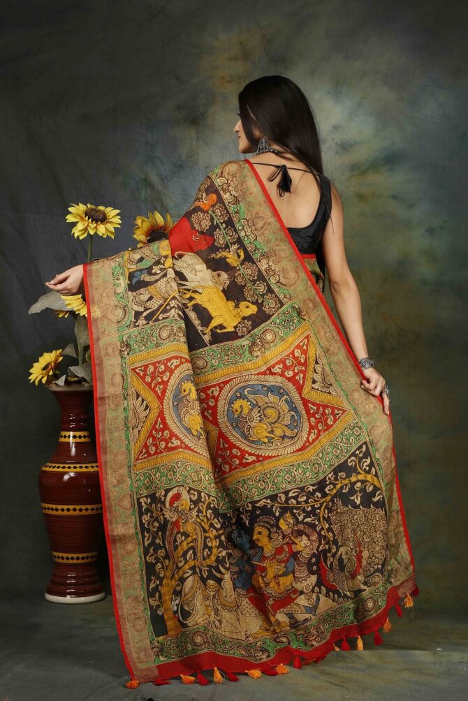 Multicolour Kalamkari Linen Digital Print Saree