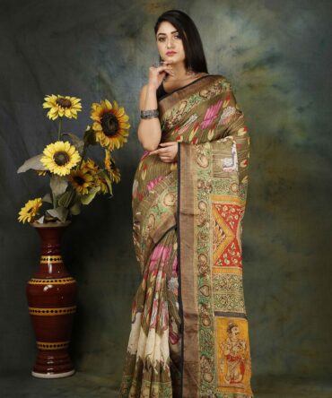 Black Multicolour Kalamakri Linen Digital Print Saree