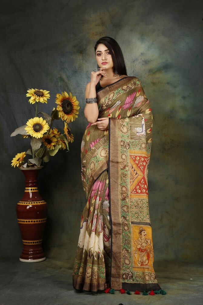 Black Multicolour Kalamakri Linen Digital Print Saree