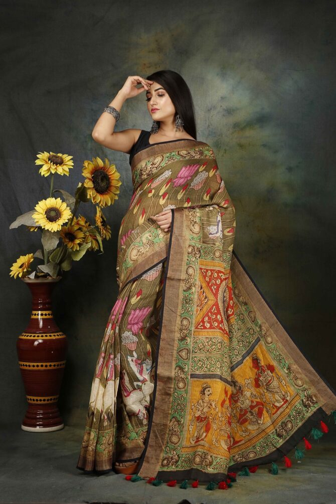 Black Multicolour Kalamakri Linen Digital Print Saree