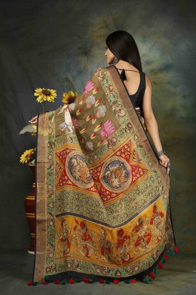 Black Multicolour Kalamakri Linen Digital Print Saree