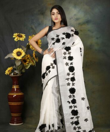 Black and White Floral Embroidery Linen Saree
