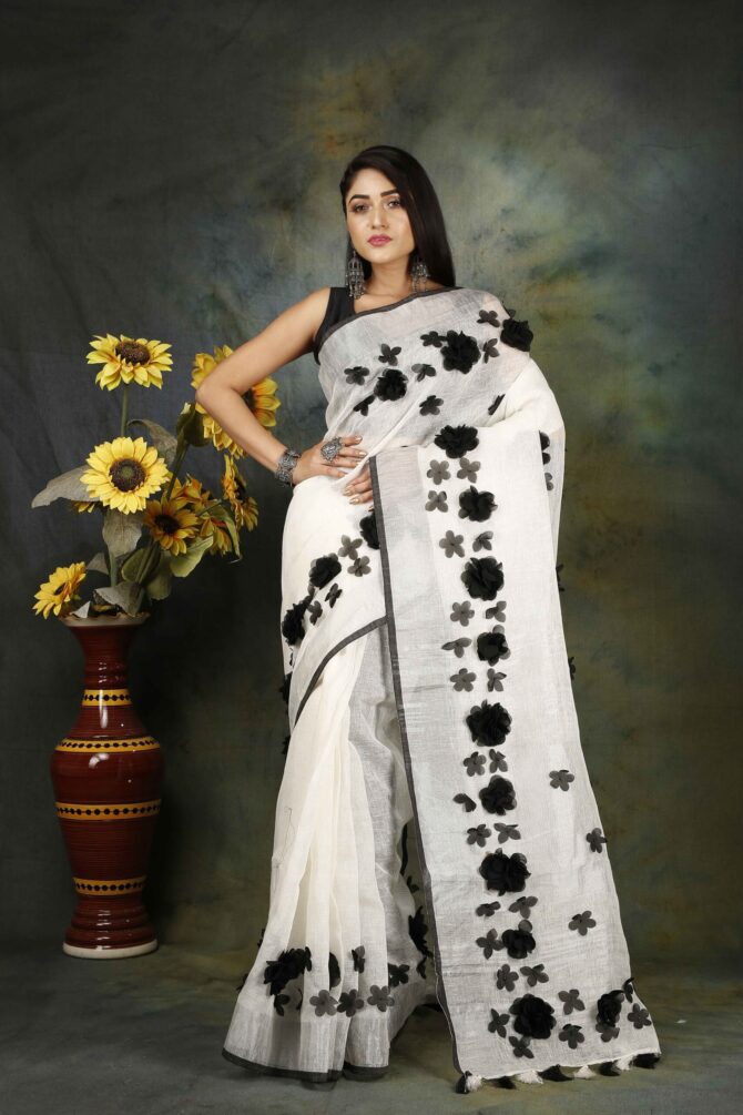 U.F Black and White Floral Elegant Linen Saree