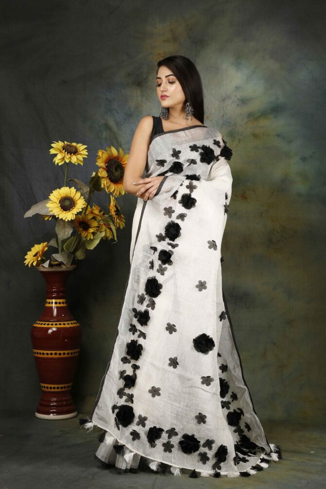 U.F Black and White Floral Elegant Linen Saree
