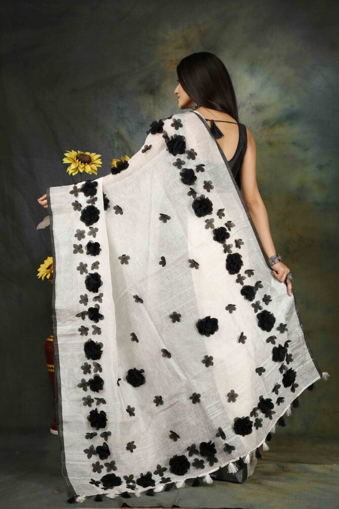 U.F Black and White Floral Elegant Linen Saree