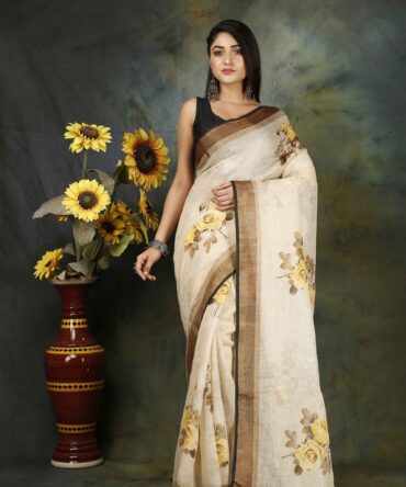 U.F Off white Floral Linen Print Saree