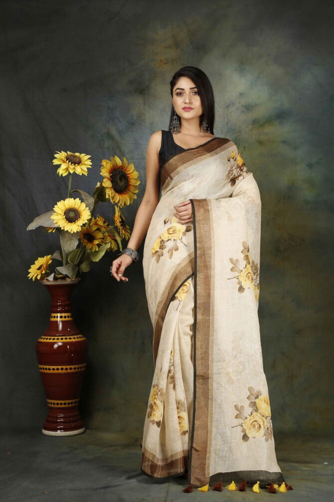 U.F Off white Floral Linen Print Saree